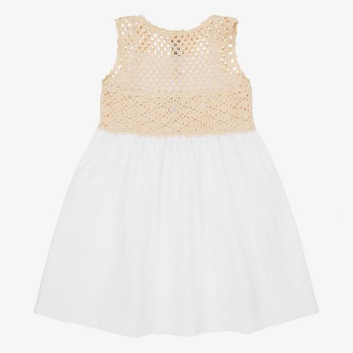 Il Gufo-فستان قطن وكتان لون أبيض وبيج | Childrensalon Outlet