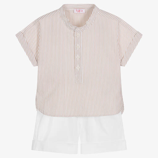 Il Gufo-Бежевый топ в полоску и кремовые шорты | Childrensalon Outlet