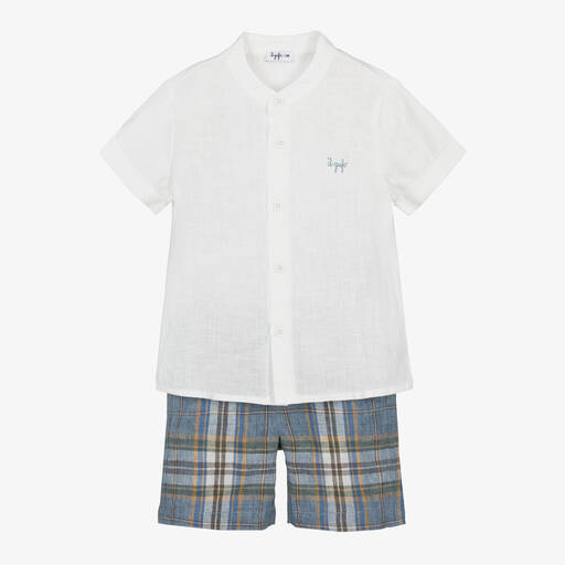 Il Gufo-Boys Blue Check Linen Shorts Set | Childrensalon Outlet