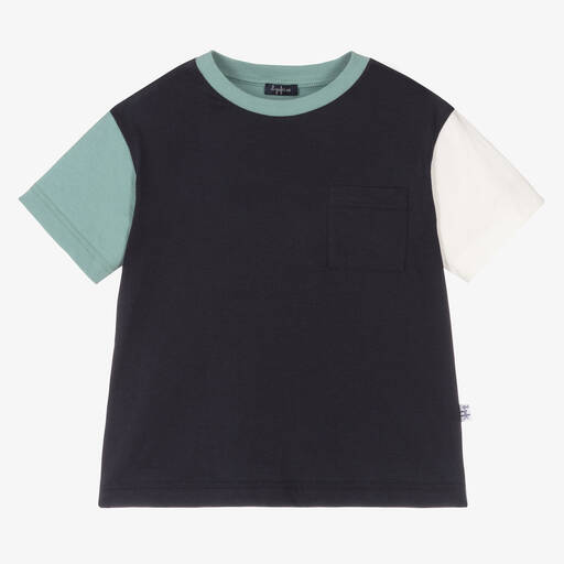 Il Gufo-Boys Blue Cotton Colourblock T-Shirt | Childrensalon Outlet