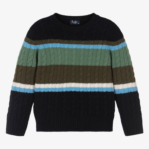 Il Gufo-Boys Blue & Green Stripe Wool Sweater | Childrensalon Outlet