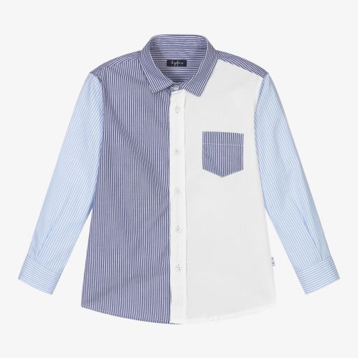 Il Gufo-قميص قطن بوبلين مقلم لون أزرق وأبيض للأولاد | Childrensalon Outlet