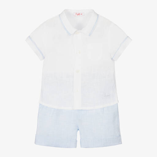 Il Gufo-Boys White & Blue Linen Short Set | Childrensalon Outlet