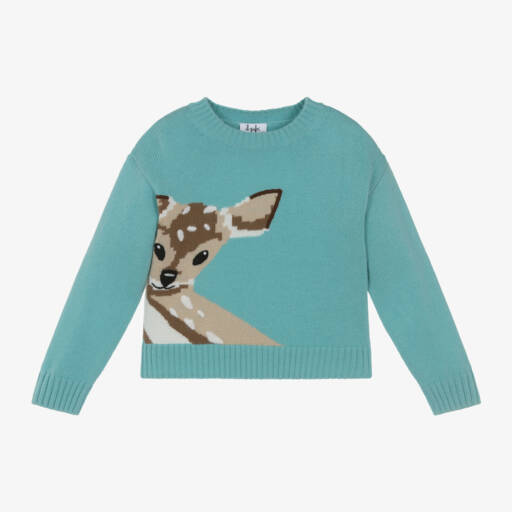 Il Gufo-Голубой свитер из мериносовой шерсти с оленем для девочек | Childrensalon Outlet