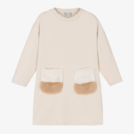 Il Gufo-Girls Beige Cotton Faux Fur Pockets Dress | Childrensalon Outlet