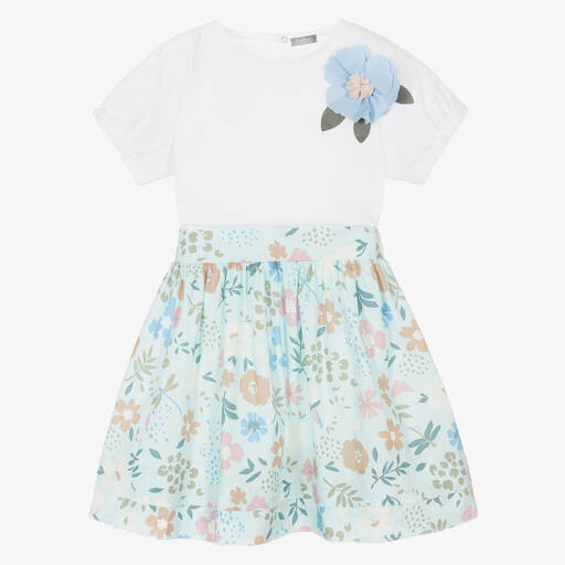 Il Gufo-Girls Blue Cotton Floral Skirt Set | Childrensalon Outlet