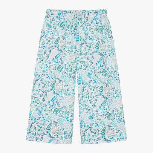 Il Gufo-Girls Blue Cotton Floral Wide Leg Trousers | Childrensalon Outlet