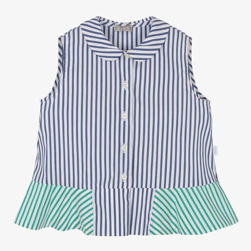 Il Gufo-Girls Blue & Green Striped Cotton Blouse | Childrensalon Outlet