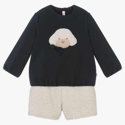 Il Gufo-Girls Blue & Ivory Sherpa Shorts Set | Childrensalon Outlet