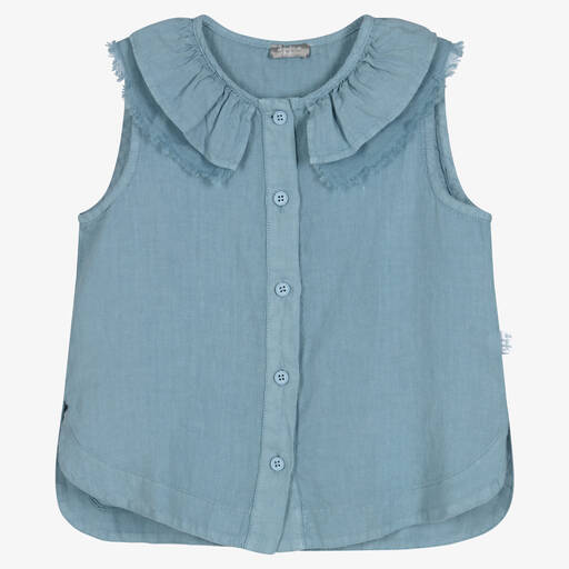 Il Gufo-Girls Blue Linen Chambray Blouse | Childrensalon Outlet