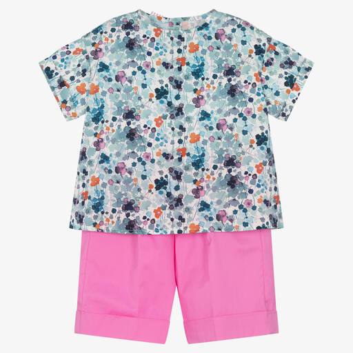 Il Gufo-Blumen-Top & Shorts Set blau & rosa | Childrensalon Outlet
