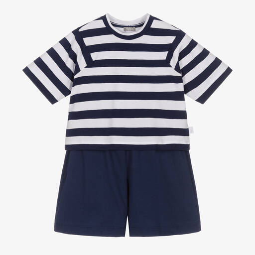 Il Gufo-Girls Blue Striped Cotton Shorts Set | Childrensalon Outlet