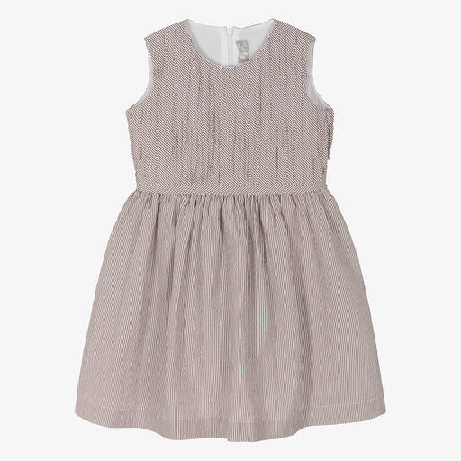 Il Gufo-Girls Brown Striped Cotton Dress | Childrensalon Outlet