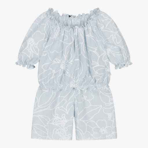 Il Gufo-Girls Cotton Floral Blue Ensemble | Childrensalon Outlet