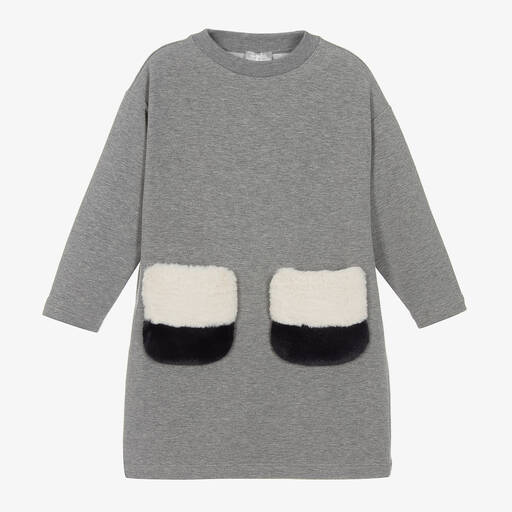 Il Gufo-Girls Grey Cotton Faux Fur Pockets Dress | Childrensalon Outlet