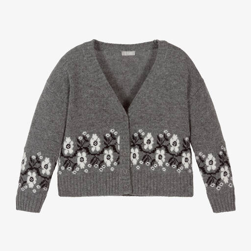 Il Gufo-Girls Grey Flower Wool Knit Cardigan | Childrensalon Outlet