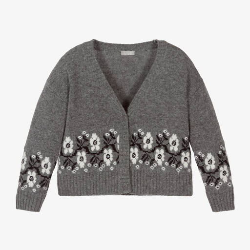 Il Gufo-Graue Wollstrickjacke mit Blumen | Childrensalon Outlet