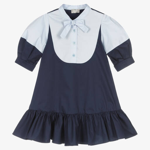 Il Gufo-Girls Navy Blue Cotton Dress | Childrensalon Outlet