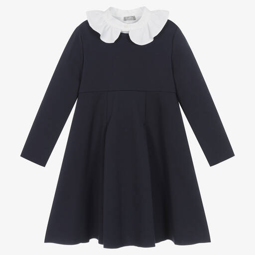 Il Gufo-Girls Navy Blue Ruffle Collar Dress | Childrensalon Outlet