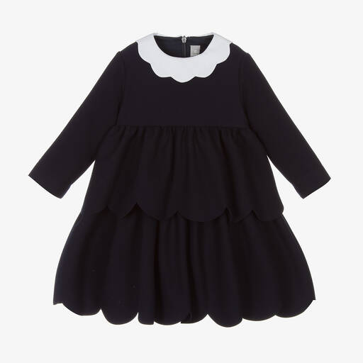 Il Gufo-Girls Navy Blue Tiered Scallop Hem Dress | Childrensalon Outlet