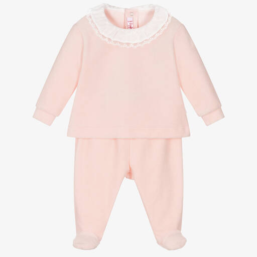 Il Gufo-Girls Pink Cotton Velour 2 Piece Babygrow | Childrensalon Outlet