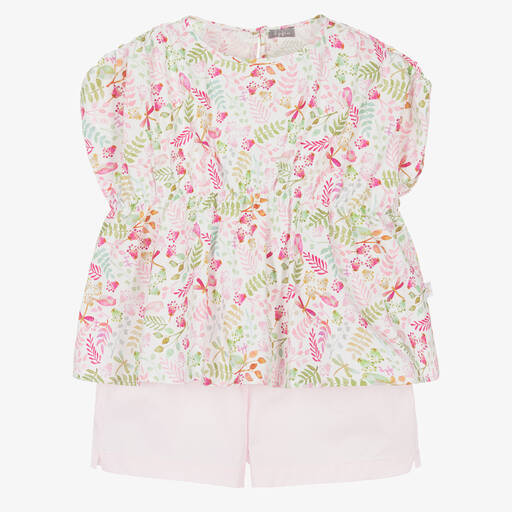 Il Gufo-Розовый топ в цветочек и шорты из хлопка для девочек | Childrensalon Outlet