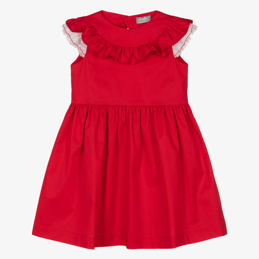Il Gufo-فستان قطن بوبلين مزين بكشكش لون أحمر | Childrensalon Outlet