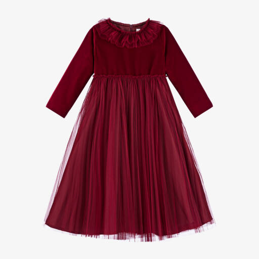 Il Gufo-فستان ماكسي تول ومخمل لون أحمر | Childrensalon Outlet