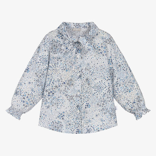 Il Gufo-Girls White & Blue Cotton Stars Blouse | Childrensalon Outlet