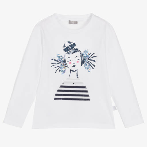 Il Gufo-Girls White & Blue Cotton Top | Childrensalon Outlet