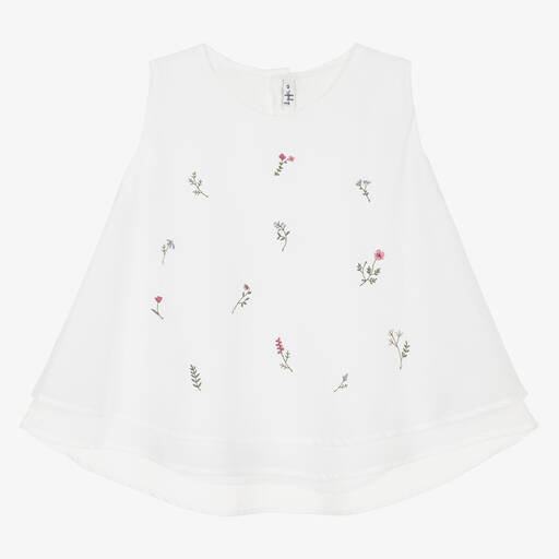 Il Gufo-Girls White Cotton Floral Layered Blouse | Childrensalon Outlet
