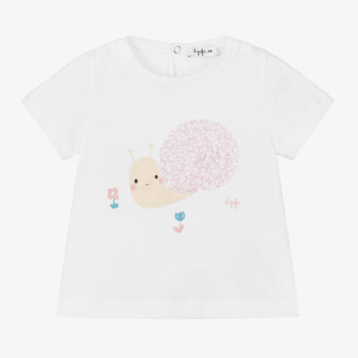 Il Gufo-Girls White Cotton Snail T-Shirt | Childrensalon Outlet