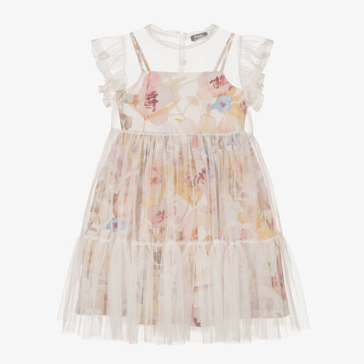 Il Gufo-Белое платье из тюля и хлопка с цветами | Childrensalon Outlet