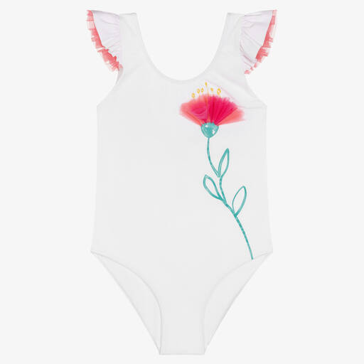 Il Gufo-Girls White Flower Print Swimsuit | Childrensalon Outlet
