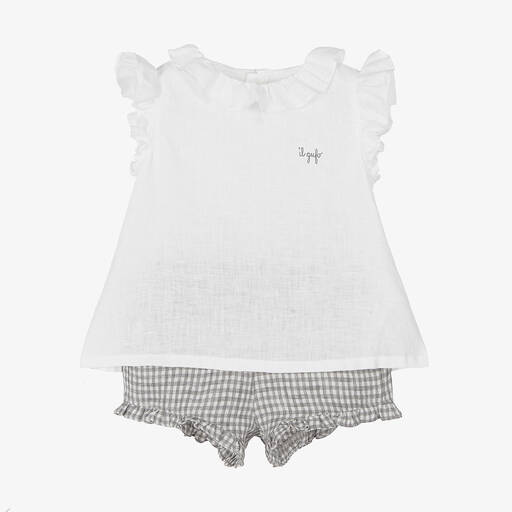 Il Gufo-Girls White & Grey Linen Shorts Set | Childrensalon Outlet