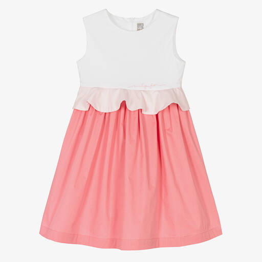 Il Gufo-Girls White & Pink Cotton Sateen Dress | Childrensalon Outlet