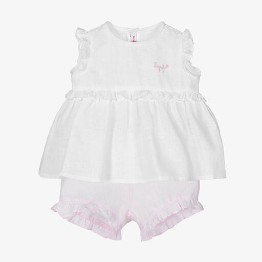 Il Gufo-Girls White & Pink Linen Shorts Set | Childrensalon Outlet