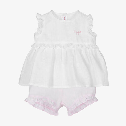 Il Gufo-Leinen-Top & Shorts Set weiß & rosa | Childrensalon Outlet