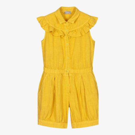 Il Gufo-Girls Yellow Linen Playsuit | Childrensalon Outlet