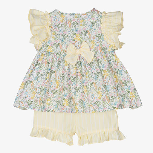 Il Gufo-Girls Yellow Stripe & Floral Shorts Set | Childrensalon Outlet