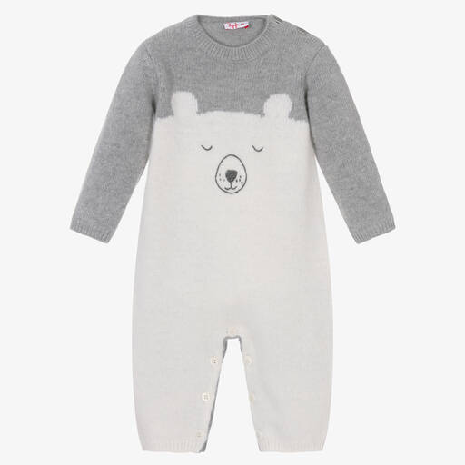 Il Gufo-Ivory & Grey Bear Wool Knit Baby Romper  | Childrensalon Outlet