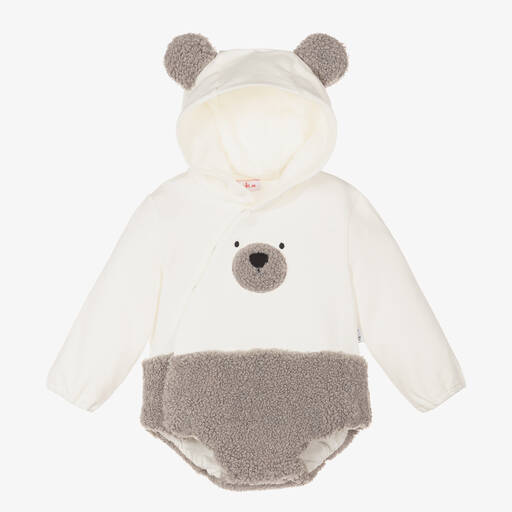 Il Gufo-Elfenbeinfarbener und grauer Strampler aus Baumwolle mit Teddybärenmotiv | Childrensalon Outlet