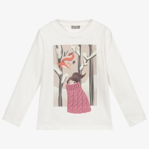 Il Gufo-Ivory & Pink Girl Print Top | Childrensalon Outlet