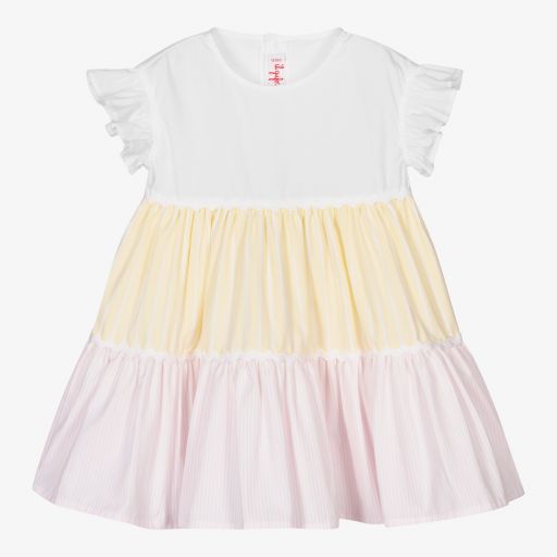 Il Gufo-فستان قطن لون أبيض وأصفر وزهري | Childrensalon Outlet