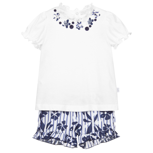 Il Gufo-White & Blue Floral Shorts Set | Childrensalon Outlet
