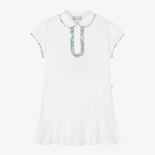Il Gufo-White & Blue Floral Trim Cotton Dress | Childrensalon Outlet