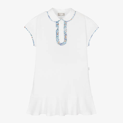 Il Gufo-Белое хлопковое платье с голубой отделкой в цветочек | Childrensalon Outlet