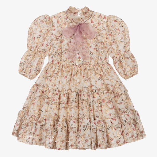 Irpa-Girls Beige Floral Ruffle Dress | Childrensalon Outlet