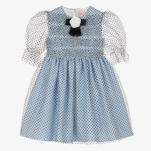 Irpa-Girls Blue Tulle Polka Dot Dress | Childrensalon Outlet