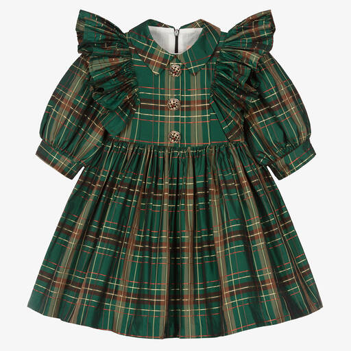 Irpa-Girls Dark Green Metallic Tartan Dress | Childrensalon Outlet